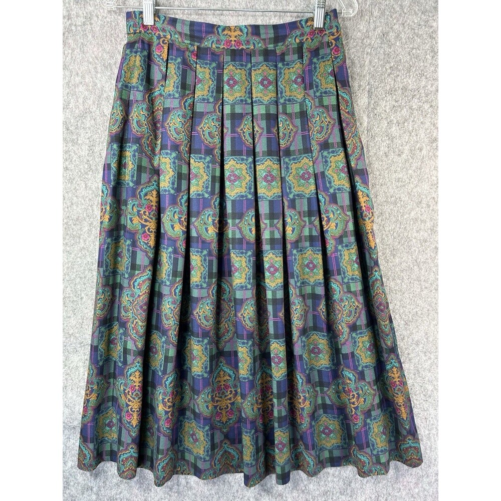 Vtg Susan Bristol Petites Blue Plaid Long Skirt Size 8 Petites Rayon Made In USA